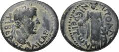 LYDIA. Apollonoshieron. Tiberius (14-37). Ae. Obv: TIBЄPIOC KAICAP. Laureate head right. Rev: AΠOΛΛΩNIЄPЄITωN. Apollo standing facing, head left, holding patera and lyre. RPC I 3043. Condition: Very f