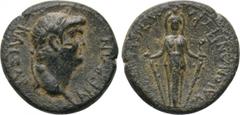 LYDIA. Maeonia. Nero (54-68). Ae. Ti. Kl. Menekrates, magistrate. Obv: NEPΩN KAIΣAP. Laureate head right. Rev: MAIONΩN ЄΠ TI KΛ MENEKPATOYΣ. Facing statue of female deity, with supports. RPC I 3013; S