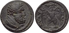LYDIA. Thyatira. Pseudo-autonomous. Time of the Severans (193-235). Ae. Obv: Bare head of Hercules right, with lion skin around neck. Rev: ΘVΑΤЄΙΡΗΝΩΝ. Eagle standing facing, head left, with wings spr