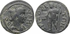 LYDIA. Tripolis. Pseudo-autonomous (Early-mid 3rd century). Ae. Obv: BOVΛH. Turreted and draped bust of Boule right. Rev: TPIΠOΛEITΩN. Dionysus standing left, pouring cantharus and holding thyrsus. SN