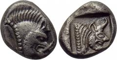 LYCIA. Uncertain. Trihemiobol (Circa 500-440 BC). Obv: Forepart of boar right. Rev: Forepart of man-headed bull right within incuse square. SNG von Aulock 4102 var. (boar and bull protomes left). Cond