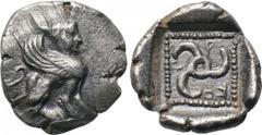 DYNASTS OF LYCIA. Kuprilli (Circa 470-440 BC). Diobol. Obv: Sphinx seated right. Rev: Triskeles within pelleted linear border; all within incuse square. Mørkholm & Zahle 190; BMC 66. Very rare Conditi