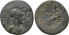 LYDIA. Sala. Pseudo-autonomous. Time of Hadrian (117-138). Ae. C. Val. Androneikos, magistrate. Obv: СΑΛΗΝΩΝ. Helmeted and draped bust of Athena right, wearing aegis. Rev: ЄΠΙ Γ ΟΥΑΛ ΑΝΔΡΟΝЄΙΚΟΥ. Cybe
