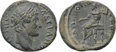 LYDIA. Stratonicea. Hadrian (117-138). Ae. Candidus, strategos. Obv: ΑΔΡΙΑΝΟС ΚΤΙСΤΗС. Laureate head right. Rev: ΑΔΡΙΑΝΟΠO CTP KA. Zeus seated left on throne, holding patera and sceptre. RPC III 1780;