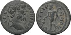 LYDIA. Thyateira. Septimius Severus (193-211). Ae. Obv: Λ CЄ CЄVHPOC. Laureate head right. Rev: ΘVATЄIPHNΩN. Pan advancing left, holding grape bunch and pedum. SNG München 641; Asia Minor Coins online
