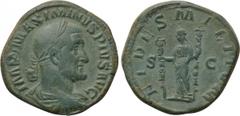 MAXIMINUS THRAX (235-238) Sestertius. Rome. Obv: IMP MAXIMINUS PIVS AVG. Laureate, draped and cuirassed bust right. Rev: FIDES MILITVM. Fides standing left, holding signum in each hand. RIC 78. Condit