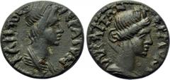 LYDIA. Hermocapelia. Pseudo-autonomous (Early-mid 2nd century). Ae. Obv: ЄΡΜΟΚΑΠΗΛΙΤΩΝ. Draped bust of Roma right. Rev: ΙЄΡΑ СVΝΚΛΗΤΟС. Draped bust of the Senate right. RPC III 1878; BMC 7-10. Conditi