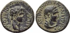 LYDIA. Sardis. Nero (54-68). Ae. Mindios, strategos for the second time. Obv: NEPΩN KAICAP. Laureate head of Nero right. Rev: EΠΙ MINΔIOY CAPΔIANΩN. Laureate head of Hercules right, with lion skin aro