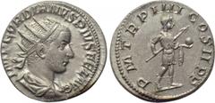 GORDIAN III (238-244). Antoninianus. Rome. Obv: IMP GORDIANVS PIVS FEL AVG. Radiate, draped and cuirassed bust right. Rev: P M TR P IIII COS II P P. Gordian advancing right, holding spear and globe. R