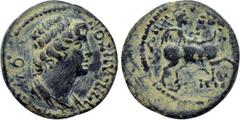 LYDIA. Mostene. Pseudo-autonomous (Late 1st-early 2nd centuries). Ae. Obv: ΘЄON CYNKΛHTON. Draped bust of the Senate right. Rev: MOCTHNΩN. Mên on horse trotting right, holding labrys. RPC II 994. Cond