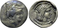 LYCIA. Xanthos(?). Obol (Mid-late 5th century BC). Obv: Helmeted head of Athena right. Rev: Laureate head (of Apollo?) right; uncertain Lycian legend around. Cf. Asia Minor Coins online #12731. Extrem