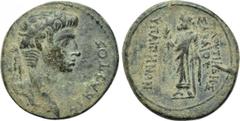 LYDIA. Hypaepa. Augustus (27 BC-14 AD). Ae. Ploutias Sakaios, magistrate. Obv: ΣEBAΣTOΣ. Laureate head right. Rev: VΠAIΠHNΩN / ΠΛOVTIAΔHΣ ΣAKAIOV. Zeus standing left, holding thunderbolt. RPC I -; RPC
