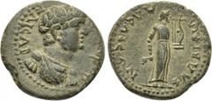 LYDIA. Philadelphia. Domitian (Caesar, 69-81). Ae. Obv: ΔOMITIAN KAICAP. Bareheaded, draped and cuirassed bust right. Rev: ΦΛABI ΦΙΛAΔЄΛΦЄΩN. Apollo standing right, holding plectrum and lyre. RPC II 1