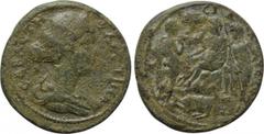 LYDIA. Silandus? Faustina II (Augusta, 147-175). Ae. Obv: ΦAVCTINA CЄBACTH. Draped bust right. Rev: CIΛ[ANΔЄΩN..?..]. Uncertain figure seated left on throne, holding sceptre; two other figures standin