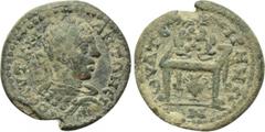 LYDIA. Thyatira. Elagabalus (218-222). Ae. Obv: AVT K M A ANTΩNЄINOC. Laureate and cuirassed bust right. Rev: ΘVATЄIPHNΩN. Table surmounted by wreath containing three balls; below, amphora between pal