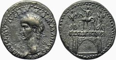 NERO CLAUDIUS DRUSUS (Died 9 BC). Denarius. Rome. Struck under Claudius (41-54). Obv: IMP NERO CLAVDIVS DRVSVS GERMANICVS. Laureate head left. Rev: DE GERMANIS. Arch of Drusus, surmounted by Drusus on