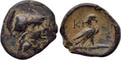 LYDIA. Kibyra. Ae (2nd-1st centuries BC). Obv: Helmeted head of Athena right. Rev: KI. Eagle standing right on thunderbolt. SNG von Aulock 3719; BMC 16. Condition: Near very fine. Weight: 1.86 g. Diam