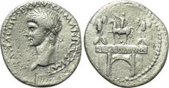 NERO CLAUDIUS DRUSUS (Died 9 BC). Denarius. Rome. Struck under Claudius (41-54). Obv: IMP NERO CLAVDIVS DRVSVS GERMANICVS. Laureate head left. Rev: DE GERMANIS. Arch of Drusus, surmounted by Drusus on