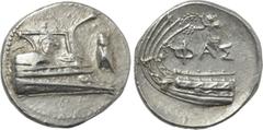LYCIA. Phaselis. Stater (4th century BC). Obv: Prow of galley right, decorated with gorgoneion. Control: Upward cicada to right. Rev: ΦΑΣ. Stern of galley left. Control: Above, Nike flying left, holdi