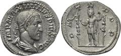 MAXIMINUS THRAX (235-238). Denarius. Rome. Obv: IMP MAXIMINVS PIVS AVG. Laureate, draped and cuirassed bust right. Rev: P M TR P P P. Maximinus standing left, raising hand and holding spear; signum to