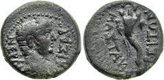 LYDIA. Mastaura. Nero (54-68). Ae. Obv: NEPΩN KAIΣAP. Bare head right. Rev: MAΣTAV / PEITΩN. Cornucopia. RPC I 2676; BMC 8. Rare Condition: Near very fine. Weight: 2.74 g. Diameter: 17 mm.