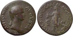 ANTONIA II (Augusta, 37 and 41). Dupondius. Rome. Struck under Claudius (41-54). Obv: ANTONIA AVGVSTA. Draped bust right. Rev: TI CLAVDIVS CAESAR AVG P M TR P IMP. Claudius standing left, holding simp