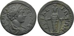 LYDIA. Acrasus. Geta (Caesar, 198-209). Ae. Obv: Π CЄΠΤΙ ΓЄΤΑC Κ. Laureate, draped and cuirassed bust right. Rev: AKPACIΩTΩΝ. Facing statue of Artemis Ephesia, with supports. SNG von Aulock 2889. Cond