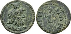 LYDIA. Bagis. Pseudo-autonomous. Time of Septimius Severus (193-211). Ae. Obv: Draped bust of Serapis right, wearing calathus. Rev: BAΓHNΩN. Isis standing left, holding sistrum and situla. BMC 10. Ext