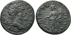 LYDIA. Saitta. Septimius Severus (193-211). Ae. Obv: AV Λ CЄΠ CЄOVHPOC ΠЄP. Laureate head right. Rev: CAITTHNΩN. Tyche standing left, holding cornucopia and rudder. SNG von Aulock -; SNG Copenhagen -;