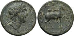 LYDIA. Sala. Pseudo-autonomous. Time of Marcus Aurelius (161-180). Ae. Dama, first archon. Obv: ΔHMOC. Laureate head of Demos right. Rev: ЄΠI ΔAMA APXONTOC A CAΛHNΩN. Zeus riding horse right, holding 