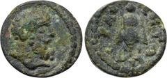 LYDIA. Acrasus. Pseudo-autonomous. Time of Septimius Severus (193-211). Ae. Obv: Bare and bearded head of Herakles right. Rev: AKPACIΩTΩN. Bee. SNG von Aulock -; SNG Copenhagen -; BMC 10-2. The Herakl