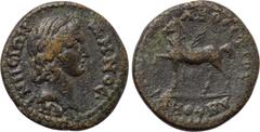 LYDIA. Aninetus. Pseudo-autonomous. Time of Antoninus Pius (138-161). Ae. Neikanor Anthestios, archon. Obv: ΔHMOC ANINHCIΩN. Bare youthful bust of Demos right. Rev: AHΘЄCTIOC ANЄΘHKЄ. Horse prancing l