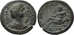 LYDIA. Apollonis. Julia Domna (Augusta, 193-217). Ae. Obv: IOVΛIA ΔOMNA CЄB. Draped bust right; c/m: bareheaded male bust right. Rev: AΠOΛΛΩNIΔЄΩN. River god reclining left, holding reed and resting e