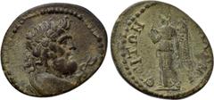 LYDIA. Apollonoshieron. Pseudo-autonomous. Possibly time of Antoninus Pius to Septimius Severus (138-211). Ae. Obv: Draped bust of Asklepios right; serpent-entwined staff to right. Rev: AΠOΛΛΩNIЄPЄITΩ