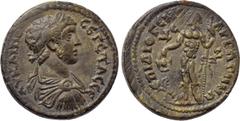 LYDIA. Bagis. Geta (209-212). Ae. Diogenes, archon. Obv: AV KAI ΠO CЄ ΓЄTAC CЄ. Laureate, draped and cuirassed bust right. Rev: ЄΠI ΔIOΓЄNOVC AP BAΓHNΩN. Dionysos standing left, holding filleted thyrs