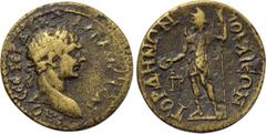 LYDIA. Gordus-Julia. Trajan (98-117). Ae. Obv: AV KA NЄ TPAIANOC CЄ ΓЄP ΔAKI. Laureate bust right. Rev: ΓΟΡΔΗΝΩΝ ΙΟVΛΙЄΩΝ. Mên standing left, holding patera and sceptre; monogram to left. RPC III 2549