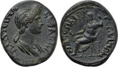 LYDIA. Gordus-Julia. Plotina (Augusta, 105-123). Ae. Poplios, magistrate. Obv: ΠΛΩΤЄΙΝΑ СЄΒΑСΤΗ. Draped bust right. Rev: ΓΟΡΔΗΝΩΝ ЄΠΙ ΠΟΠΛΙΟΥ. Zeus seated left on throne, holding patera and sceptre. R