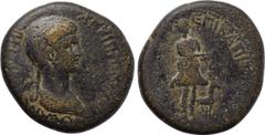 LYDIA. Hierocaesarea. Agrippina II (Augusta, 50-59). Ae. Capito, high priest. Obv: AΓPIΠΠINAN ΘЄAN CЄBACTHN. Draped bust right. Rev: IЄPOK[...]CAPЄωN ЄΠI KAΠITωNOC. Artemis standing right, drawing bow
