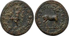 LYDIA. Hierocaesarea. Pseudo-autonomous. Time of Trajan to Antoninus Pius (98-161). Ae. Obv: Artemis standing facing, head left, holding bow and resting hand upon stag standing left, head right; shiel