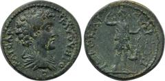 LYDIA. Hierocaesarea. Marcus Aurelius (Caesar, 139-161). Ae. Obv: M AV OVHPOC KAICAP. Bareheaded, draped and cuirassed bust right. Rev: IЄPOKAICAPЄΩN. Artemis standing right, drawing bow; behind, stag