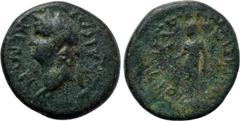 LYDIA. Hypaepa. Nero (54-68). Ae. G. Ioulios Hegesippos, grammateus. Obv: NEPΩN KAICAP. Laureate head left. Rev: VΠAI IOV / HΓHCIΠΠOC / Γ - P. Hero standing left, holding bipennis. RPC I 2554; SNG von