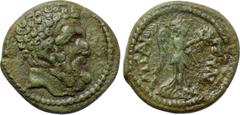 LYDIA. Hypaepa. Pseudo-autonomous. Possibly time of Septimius Severus (193-211). Ae. Obv: Bare and bearded head of Herakles right. Rev: VΠAIΠHN. Nike advancing right, holding wreath and palm frond. SN