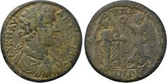 LYDIA. Hypaepa. Caracalla (198-217). Ae. Obv: AV K M AV ANTΩNINOC. Laureate, draped and cuirassed bust right. Rev: VΠΑΙΠΗΝΩΝ. Facing statue of Artemis Anaïtis; to right, Nike advancing left, holding w