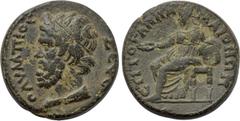 LYDIA. Maeonia. Pseudo-autonomous. Time of Antoninus Pius or Marcus Aurelius (138-180). Ae. Appas, strategos for the third time. Obv: ZЄVC OΛVMΠIOC. Head of Zeus Olympios left, wearing taenia. Rev: CT