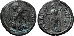 LYDIA. Maeonia. Pseudo-autonomous. Time of Septimius Severus (193-211). Ae. Damas, archon. Obv: MAIONΩN. Helmeted bust of Athena right, wearing aegis. Rev: ЄΠI ΔAMA AP. Demeter standing left, holding 