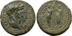 LYDIA. Magnesia ad Sipylum. Nero with Agrippina II (54-68). Ae. Obv: ΝΕΡΩΝ ΚΑΙΣΑΡ. Jugate laureate head of Nero and draped bust of Agrippina right. Rev: ΜΑΓΝΗΤΩΝ ΑΓΡΙΠΠЄΙΝΑ CЄΒΑCΤΗ. Nero standing left