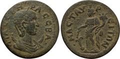 LYDIA. Mastaura. Otacilia Severa (Augusta, 244-249). Ae. Obv: ΩTA CЄBHPA CЄBA. Draped bust right, wearing stephane and set upon crescent. Rev: MACTAVPЄITΩN. Tyche standing left, holding rudder and cor