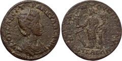 LYDIA. Nysa. Tranquillina (Augusta, 241-244). Ae. Aur. Mousonios, grammateus and hiereus. Obv: ΦΟΥ ϹΑΒЄΙ ΤΡΑΝΚΥΛΛЄΑΝΗ. Draped bust right, wearing stephane. Rev: EΠI ΓP AYP MOYCΩNIOY / NYCAEΩN. Tyche s