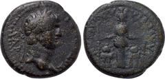 LYDIA. Philadelphia. Titus (Caesar, 69-79). Ae. Herodes and Polemaios, epimelethentes. Obv: TITOC KAICAP. Laureate head right. Rev: ΦΛABI ΦΙΛΑΔΕΛΦEΩN. Facing female statue, with supports; lion to left
