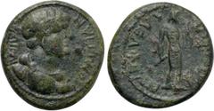 LYDIA. Philadelphia. Domitian (Caesar, 69-81). Ae. Herodes and Polemaios, epimelethentes. Obv: ΔOMITIAN KAICAP. Bareheaded, draped and cuirassed bust right. Rev: ΦΛABI ΦIΛAΔЄΛΦЄΩN. Apollo standing rig